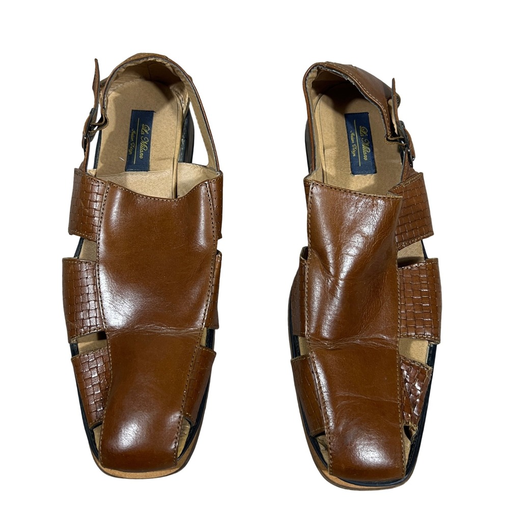 La Milano Woven Fisherman Sandals Square Toe Cognac Brown Dressy Size 11